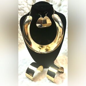 Gold Statement Fashion Jewelry Necklace Earrings and 2 Cuff Bracelets